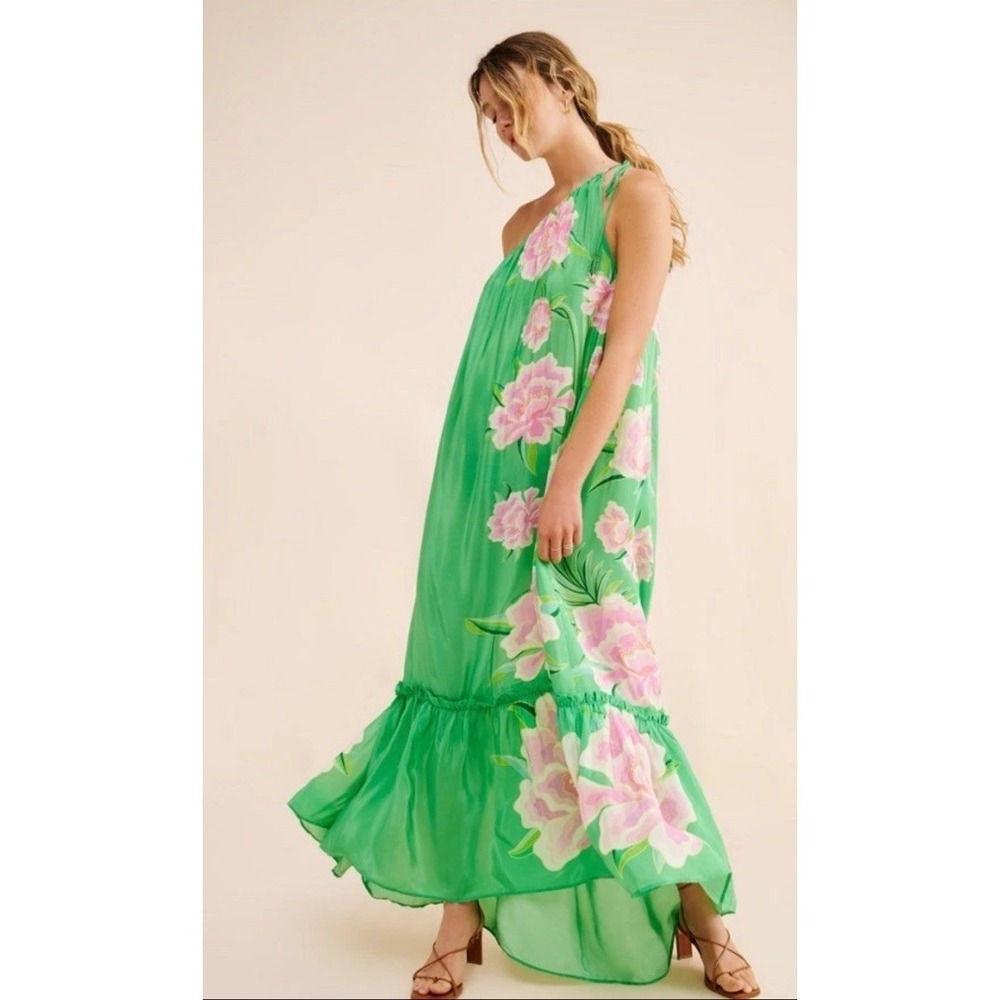 Farm Rio Dress Green Floral Vibing Maxi One Shoulder Silky Viscose fabric XL - Picture 2 of 10